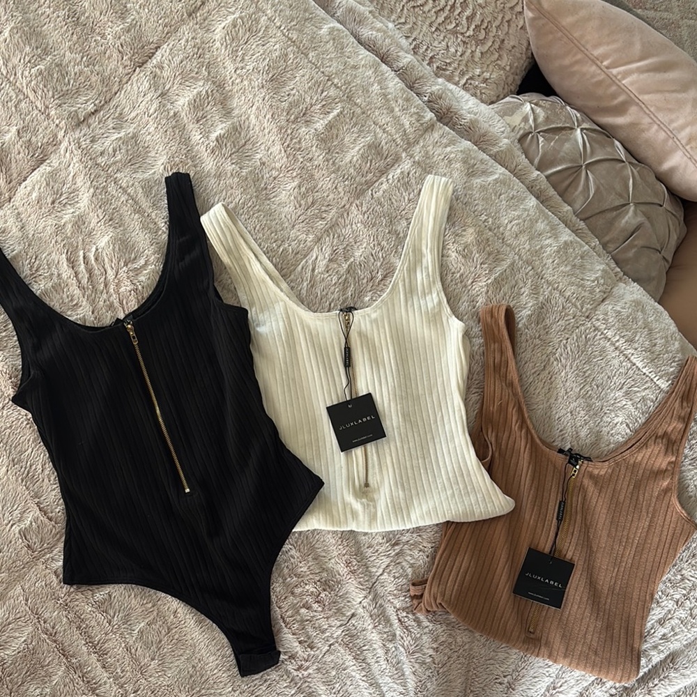 JLUXLABEL Black and Cream Ribbed Fitted Bodysuit set